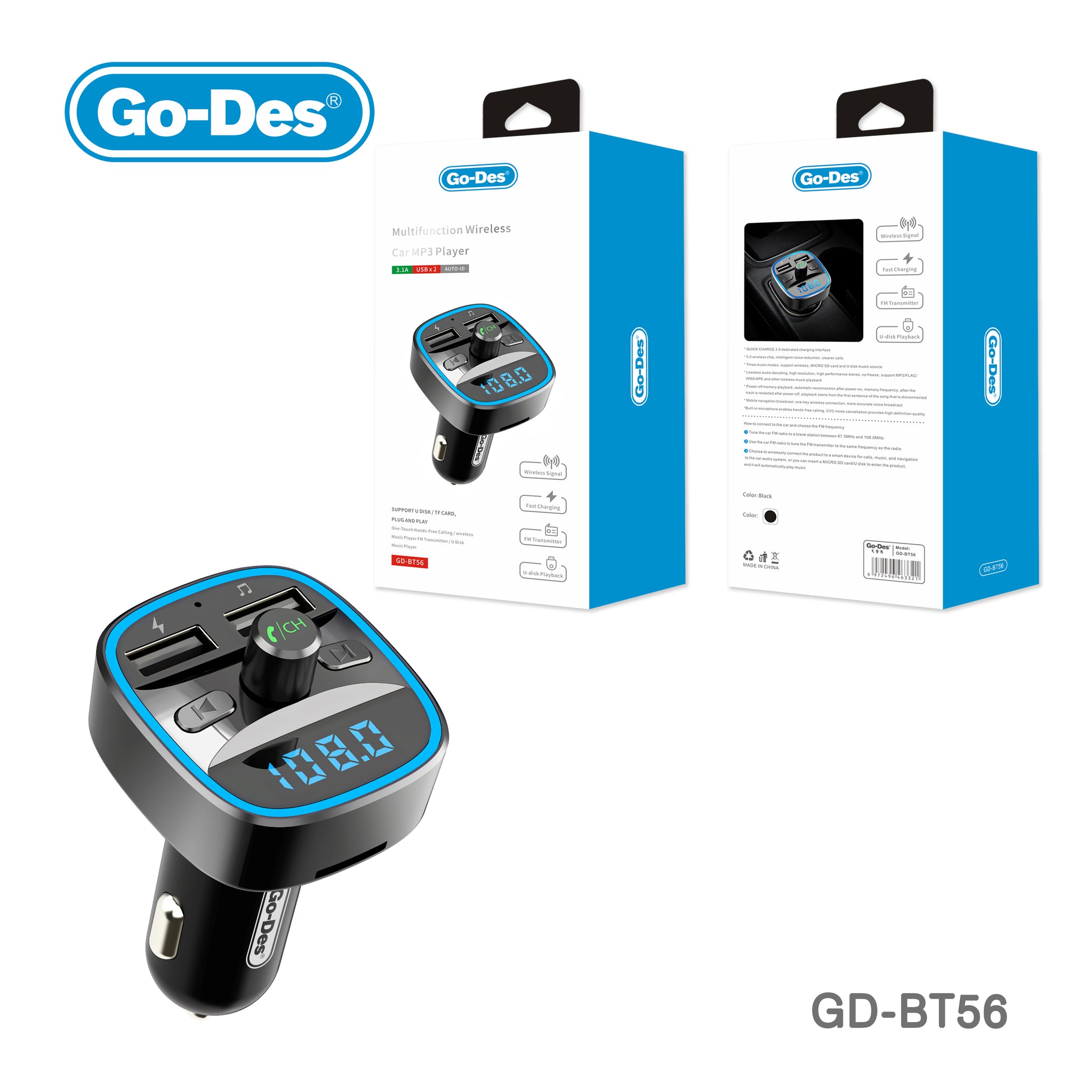 Go-Des Wireless Auto Kit Charger Mp3 Player Bluetooth BT FM Transmitte –  godes